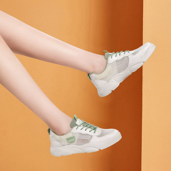 レディーススリッポン 厚底軽量メッシュスニーカー白グリーン秋冬新作シンプル