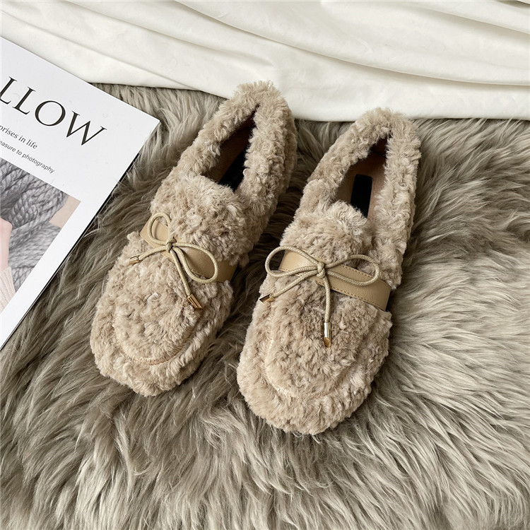 レディーススリッポン 幅広 蝶結び厚底ぬいぐるみ靴 裏起毛暖かスリッポン