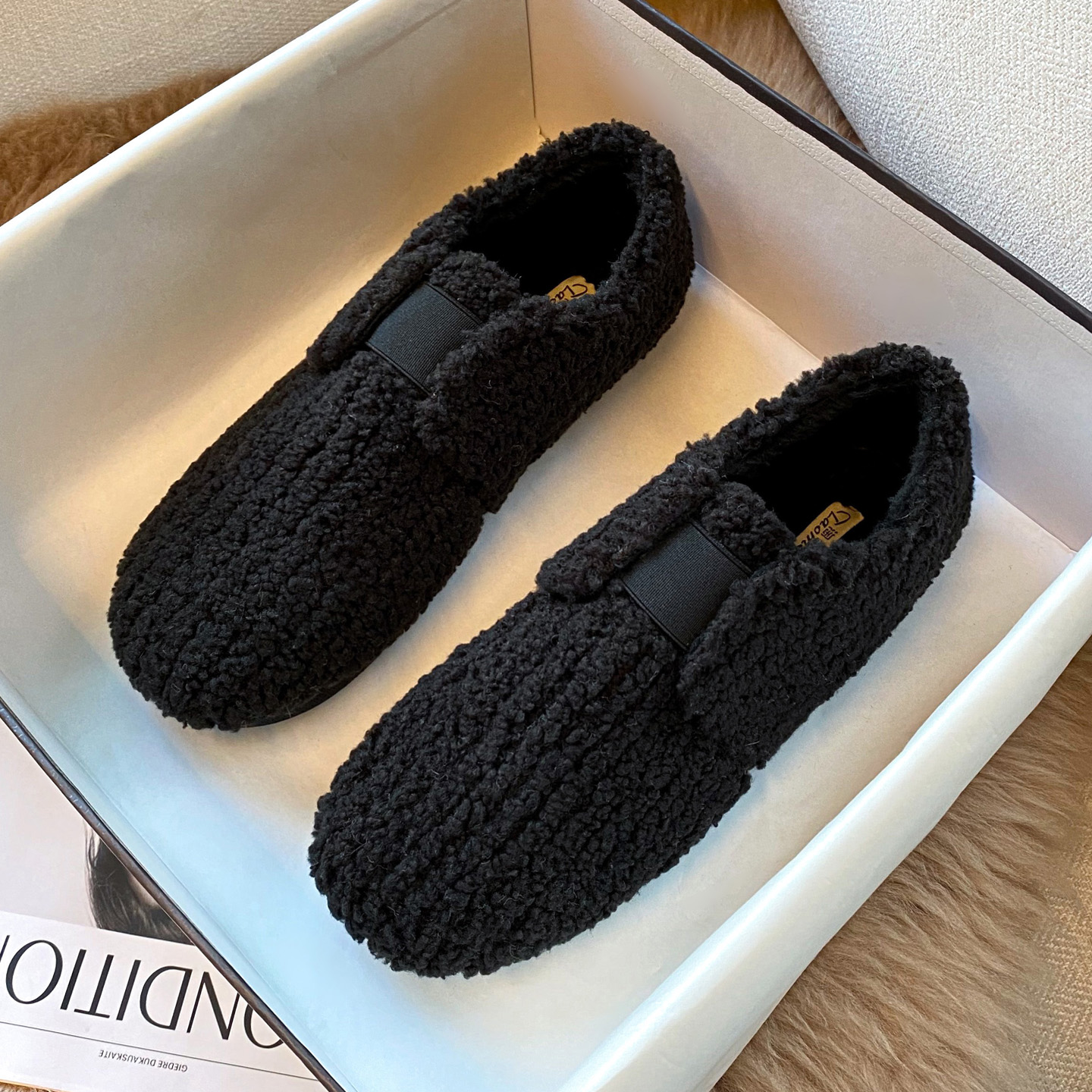 レディーススリッポン ふわふわボア素材幅広レディーススリッポン