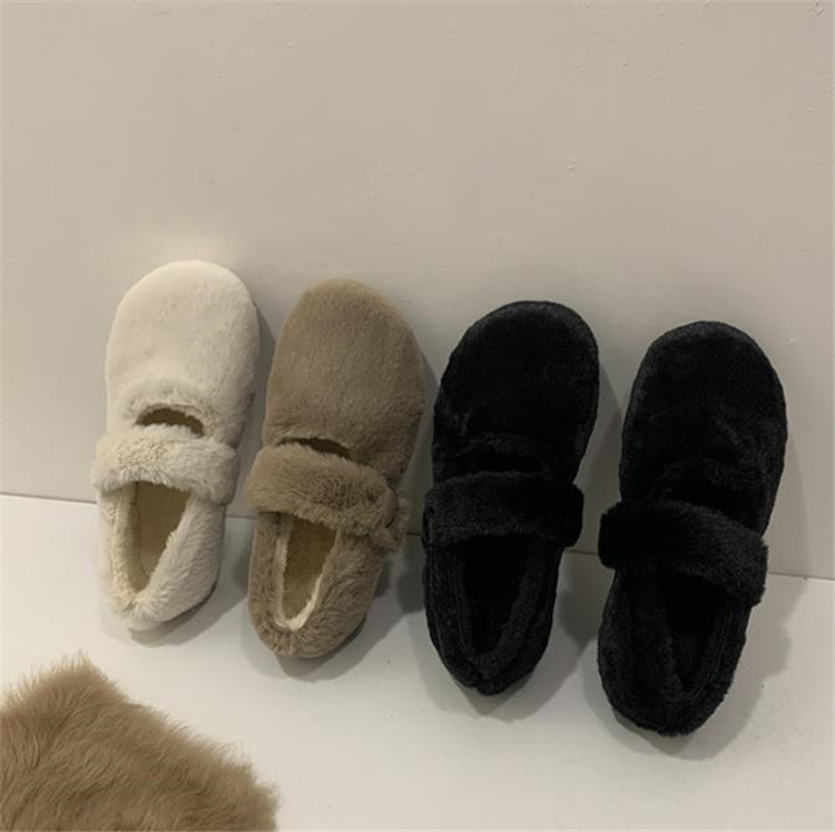 レディーススリッポン レトロ裏起毛ふわもこ幅広フラット靴