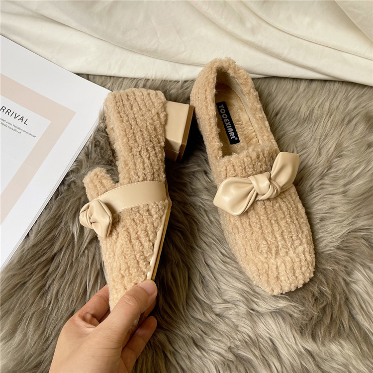 レディーススリッポン 蝶結び付き幅広もこもこ裏起毛レディース靴