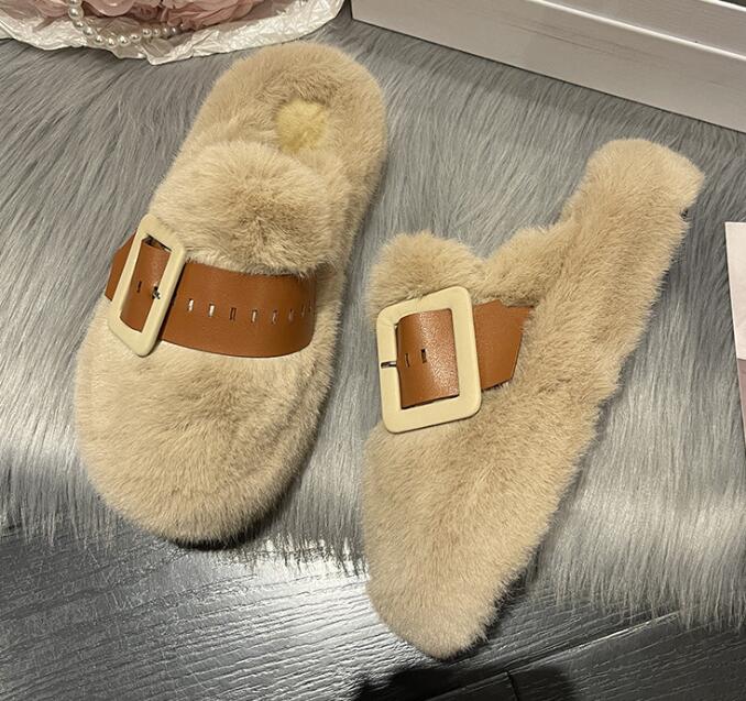 レディーススリッポン 冬新作厚底ファーサンダル保温ふわふわ外履き対応