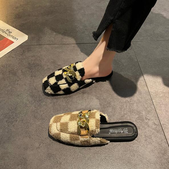 レディーススリッポン 秋冬レディース幅広チェック柄ファーミュール金具付きスリッポン