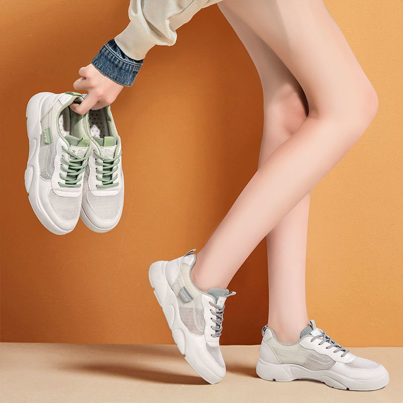 レディーススリッポン 厚底軽量メッシュスニーカー白グリーン秋冬新作シンプル