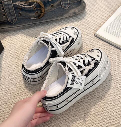 レディーススリッポン 厚底スター柄レディース靴 つっかけ風パンプス