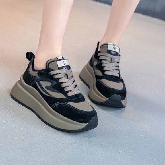 レディーススリッポン 女性用厚底運動靴 裏起毛あったか紐靴 脚長効果