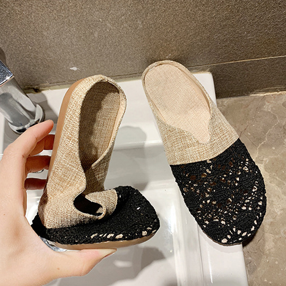 レディーススリッポン 幅広レディース編みぺたんこミュールサンダル