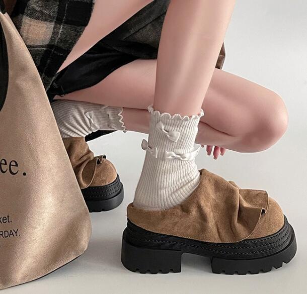 レディーススリッポン レディース厚底つっかけ靴 スエード風リボンデザインパンプス