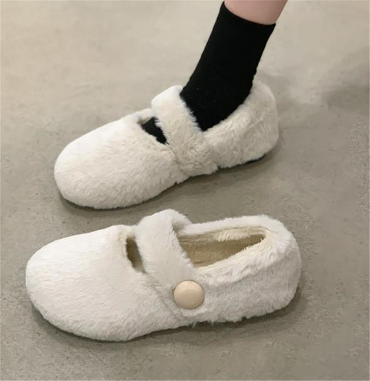 レディーススリッポン レトロ裏起毛ふわもこ幅広フラット靴