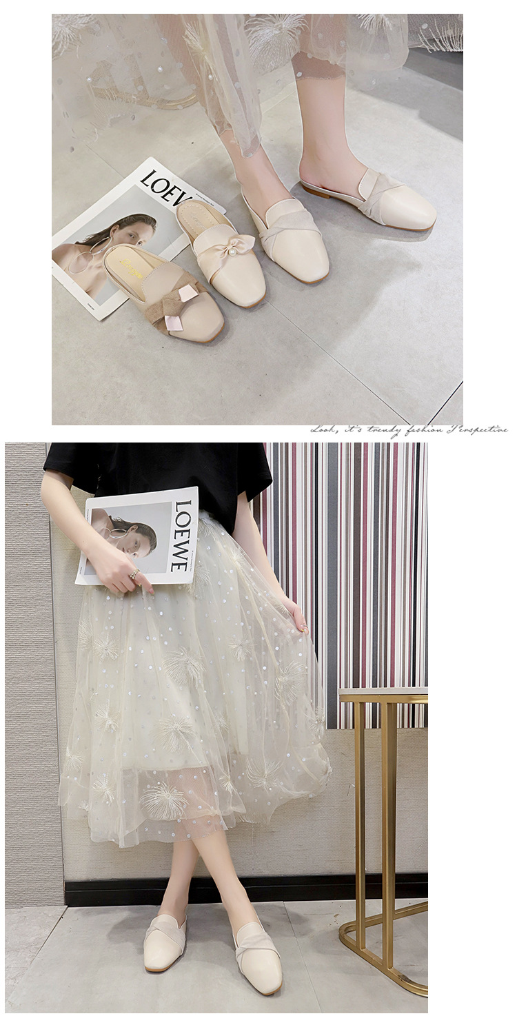 レディーススリッポン 幅広対応 女性用ぺたんこローファー風サンダル リボン付き