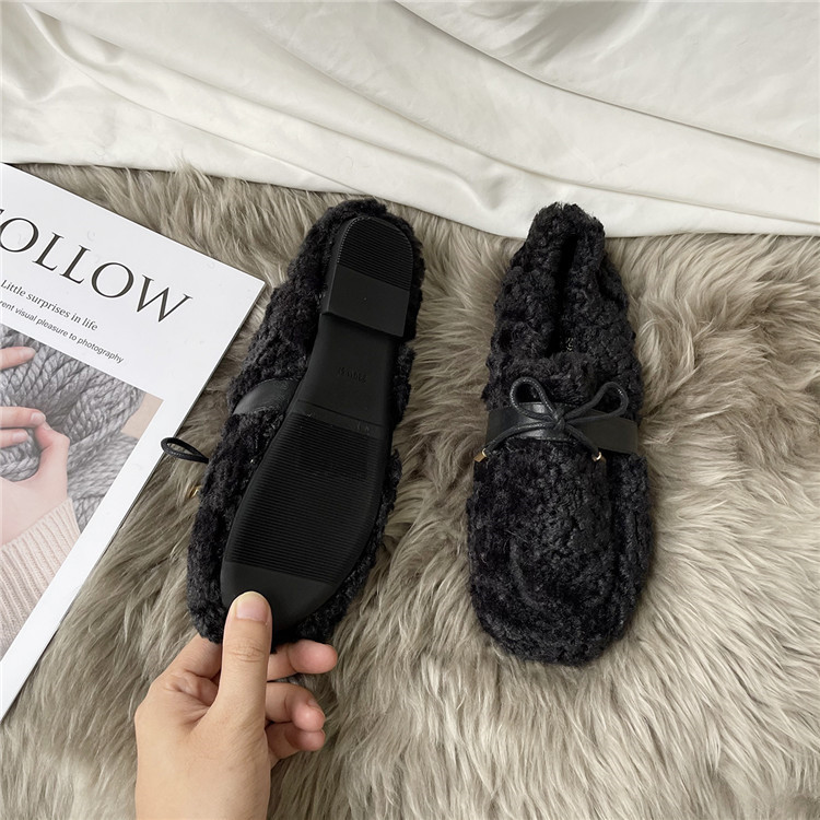 レディーススリッポン 幅広 蝶結び厚底ぬいぐるみ靴 裏起毛暖かスリッポン