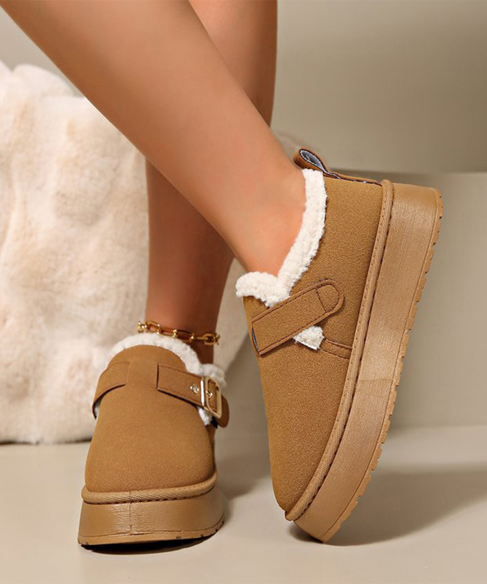 レディーススリッポン 厚底ムートンブーツ 裏起毛ベルト付きショートブーツ
