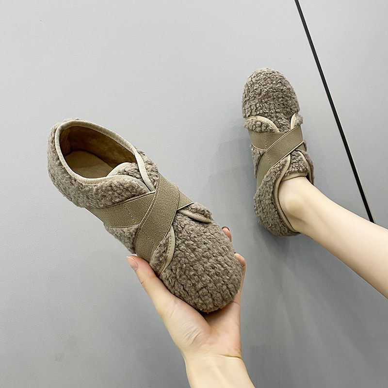 レディーススリッポン 幅広対応 ふわふわニット素材 丸トゥバレエシューズ 秋冬新作