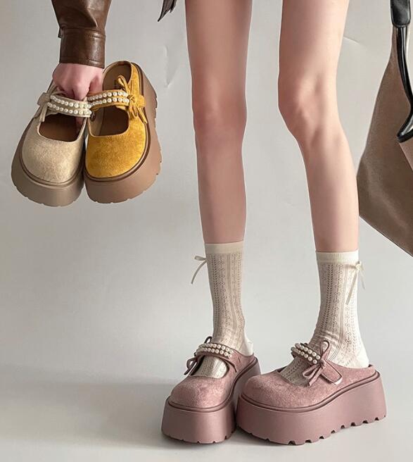 レディーススリッポン レディース厚底スリッポン パール装飾リボン付きつっかけ靴