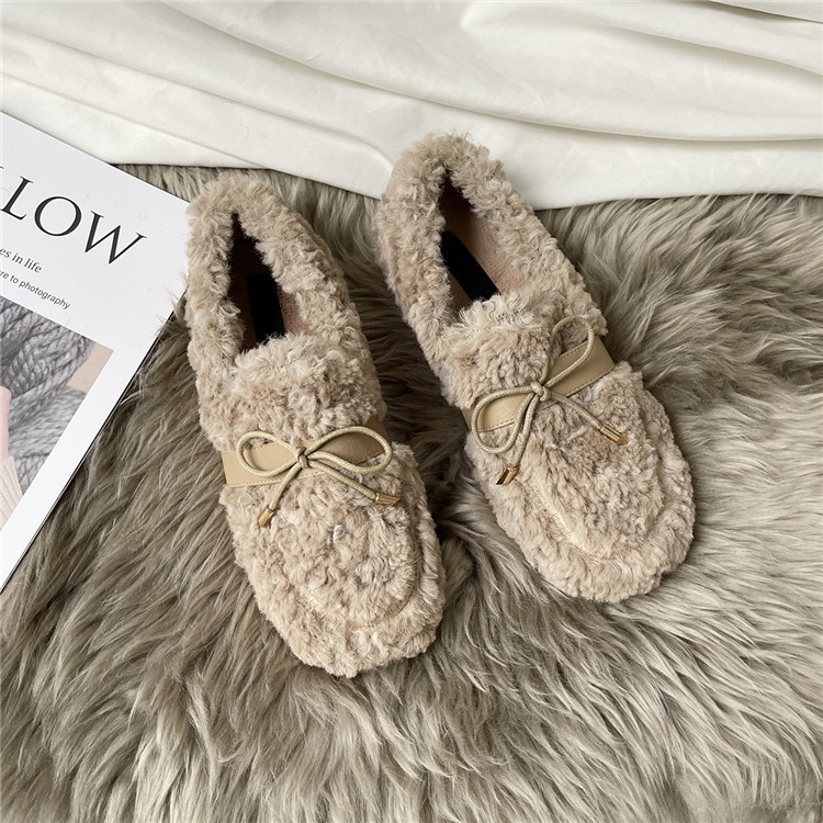 レディーススリッポン 幅広 蝶結び厚底ぬいぐるみ靴 裏起毛暖かスリッポン