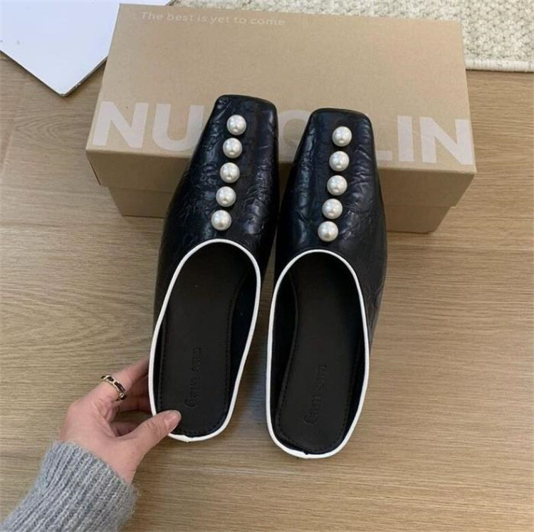 レディーススリッポン 幅広対応パール付き角先半履きぺたんこ靴2024秋冬