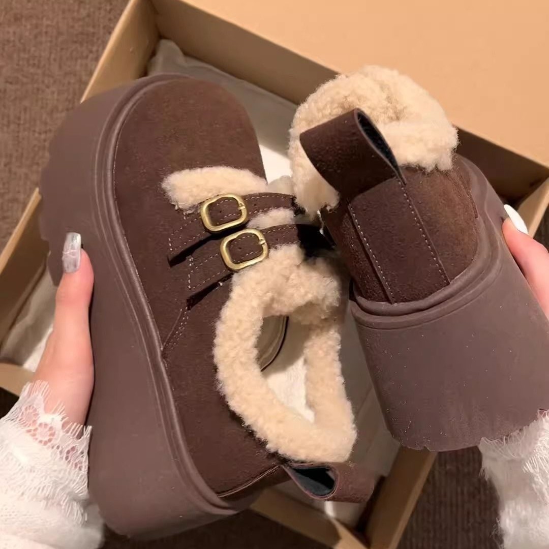 レディーススリッポン 裏起毛厚底雪靴風防寒ショートブーツ