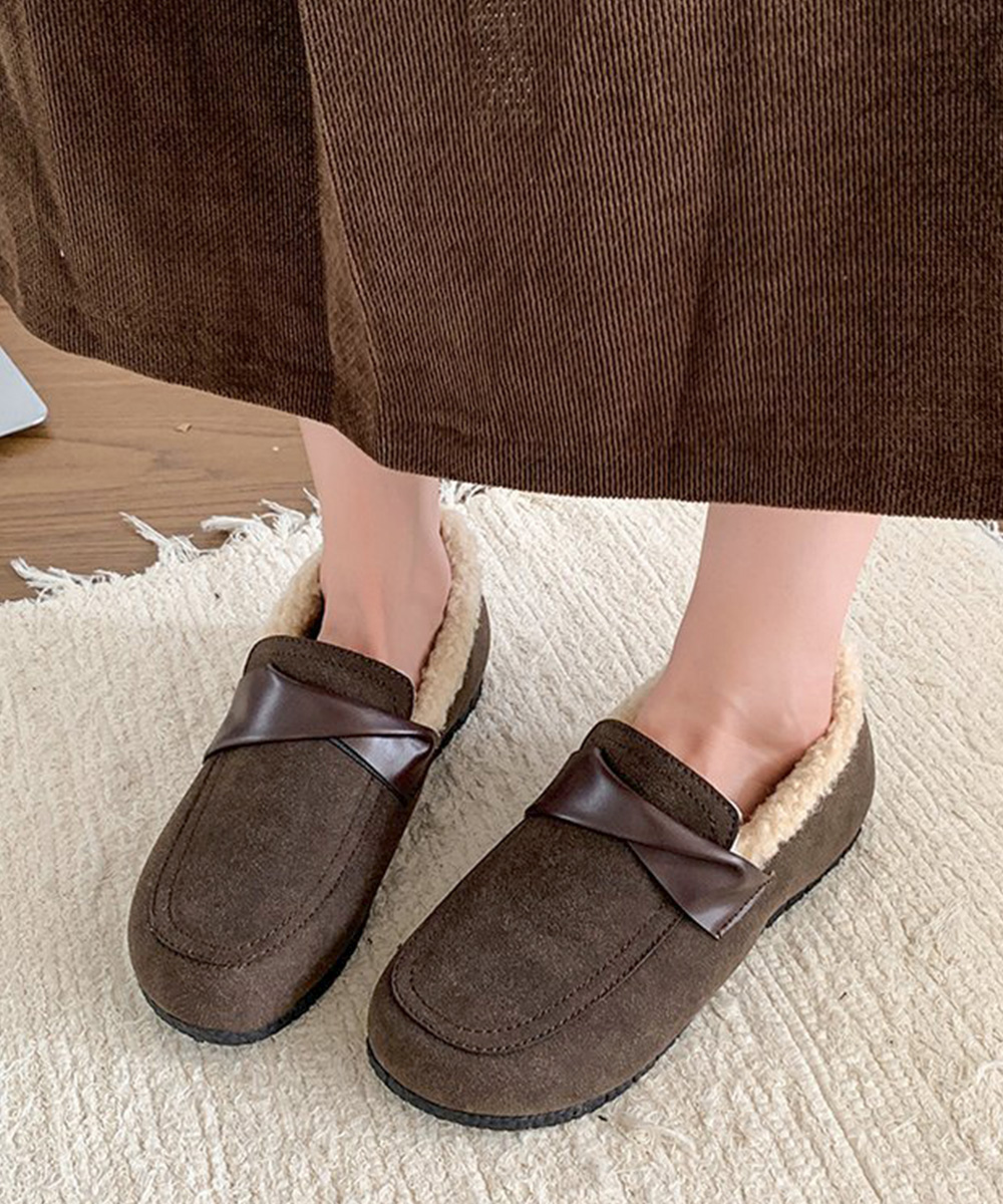幅広ファーモカシン裏起毛レディーススリッポン