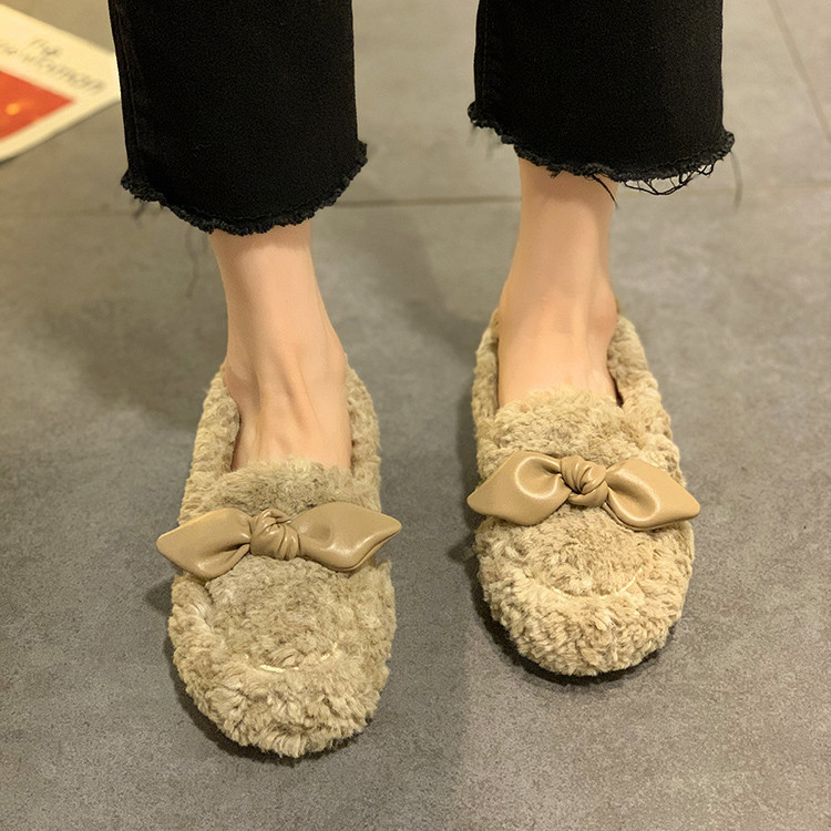 レディーススリッポン 幅広対応 蝶結び ふわもこ裏起毛 厚底綿スリッパ