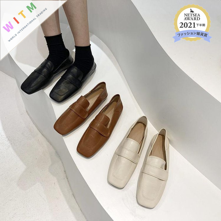 レディーススリッポン 幅広スクエアトゥ ぺたんこ フラット靴 韓国風 柔らか