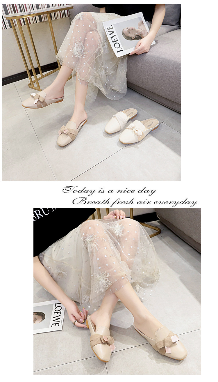 レディーススリッポン 幅広対応 女性用ぺたんこローファー風サンダル リボン付き