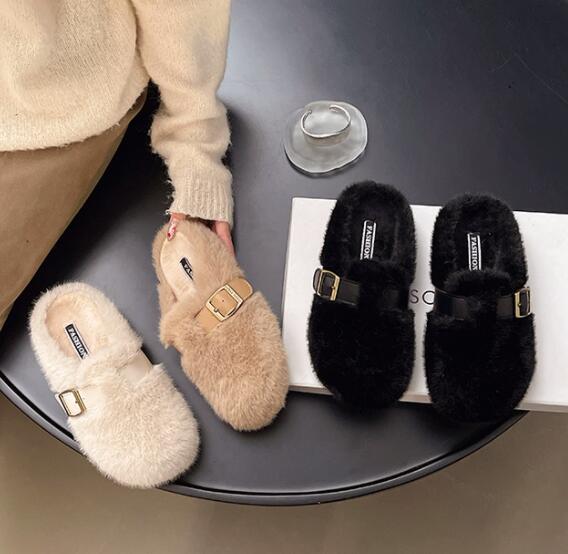 レディーススリッポン ふわふわファー厚底ミュールサンダル
