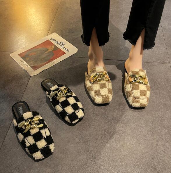 レディーススリッポン 秋冬レディース幅広チェック柄ファーミュール金具付きスリッポン