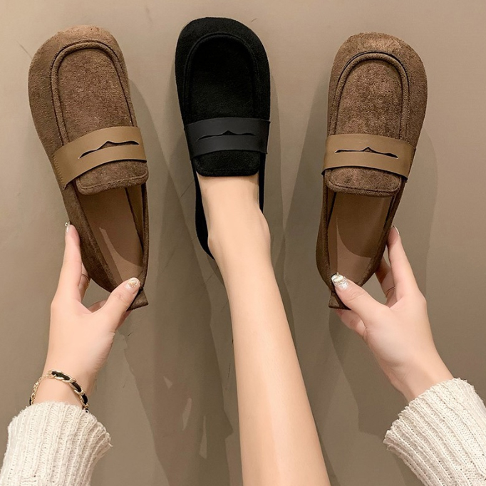 レディーススリッポン 幅広対応 もこもこ素材 ローファー風 低反発 フラットシューズ