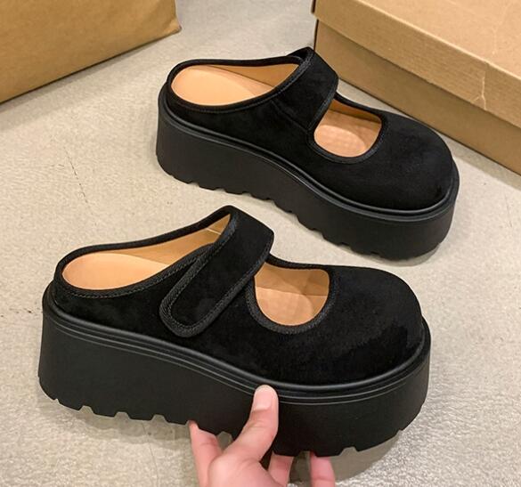 レディーススリッポン 厚底ベルクロストラップ靴 女性用つっかけサンダル