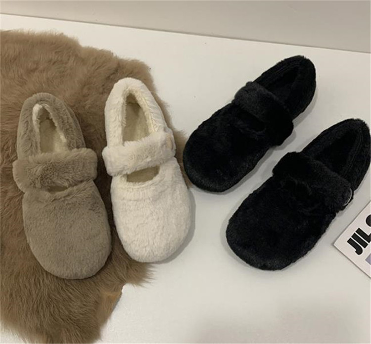 レディーススリッポン レトロ裏起毛ふわもこ幅広フラット靴