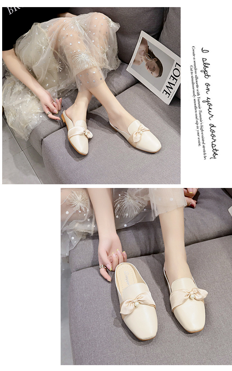 レディーススリッポン 幅広対応 女性用ぺたんこローファー風サンダル リボン付き