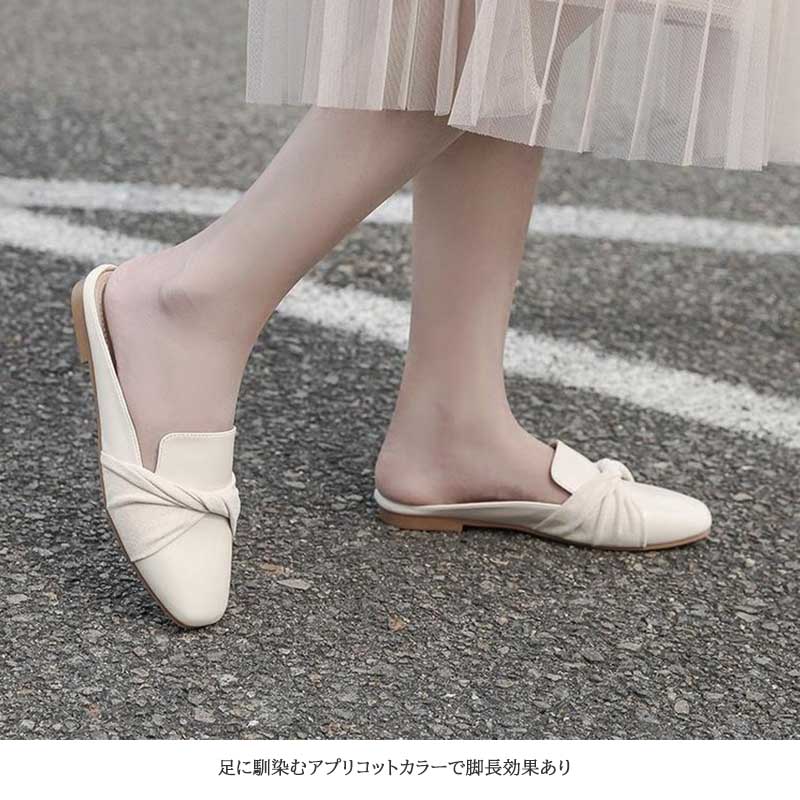 レディーススリッポン 幅広対応 レディース リボン付き スクエアトゥ フラットパンプス