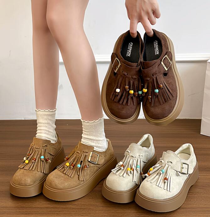 レディーススリッポン 厚底フリンジローファー レディース靴 カラービーズ付き