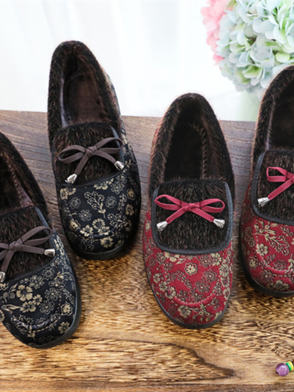 レディーススリッポン 和風花柄リボン付きレディーススリッポン