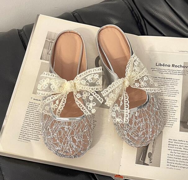 レディーススリッポン 幅広対応レースリボン付きぺたんこミュールサンダル