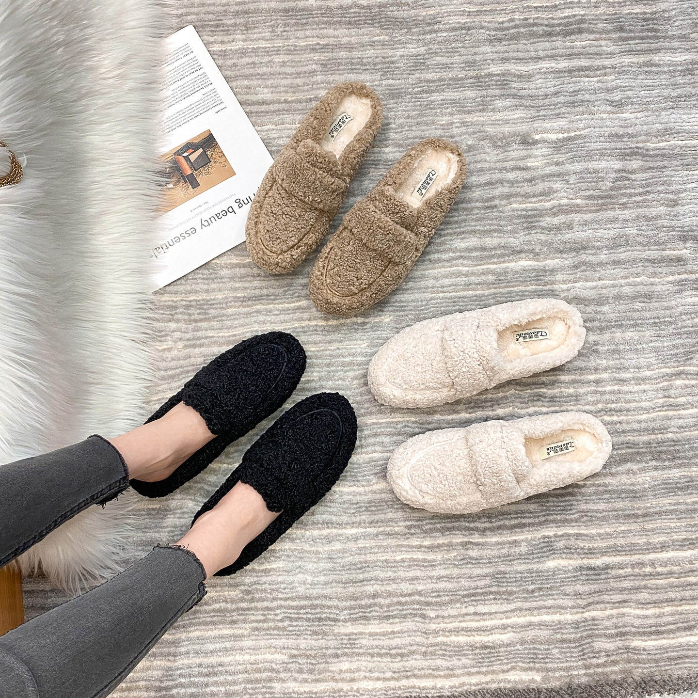 レディーススリッポン もこもこボア素材ふわふわローファー風スリッポン