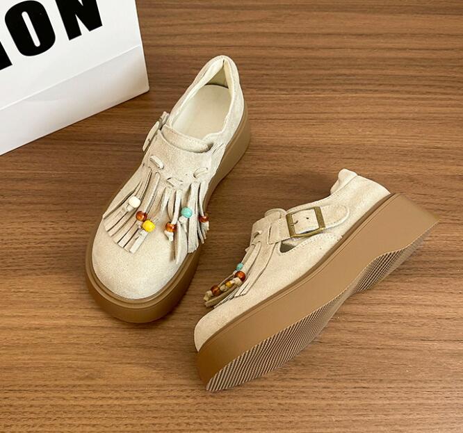 レディーススリッポン 厚底フリンジローファー レディース靴 カラービーズ付き