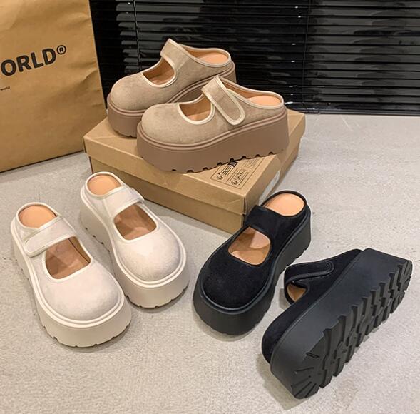 レディーススリッポン 厚底ベルクロストラップ靴 女性用つっかけサンダル