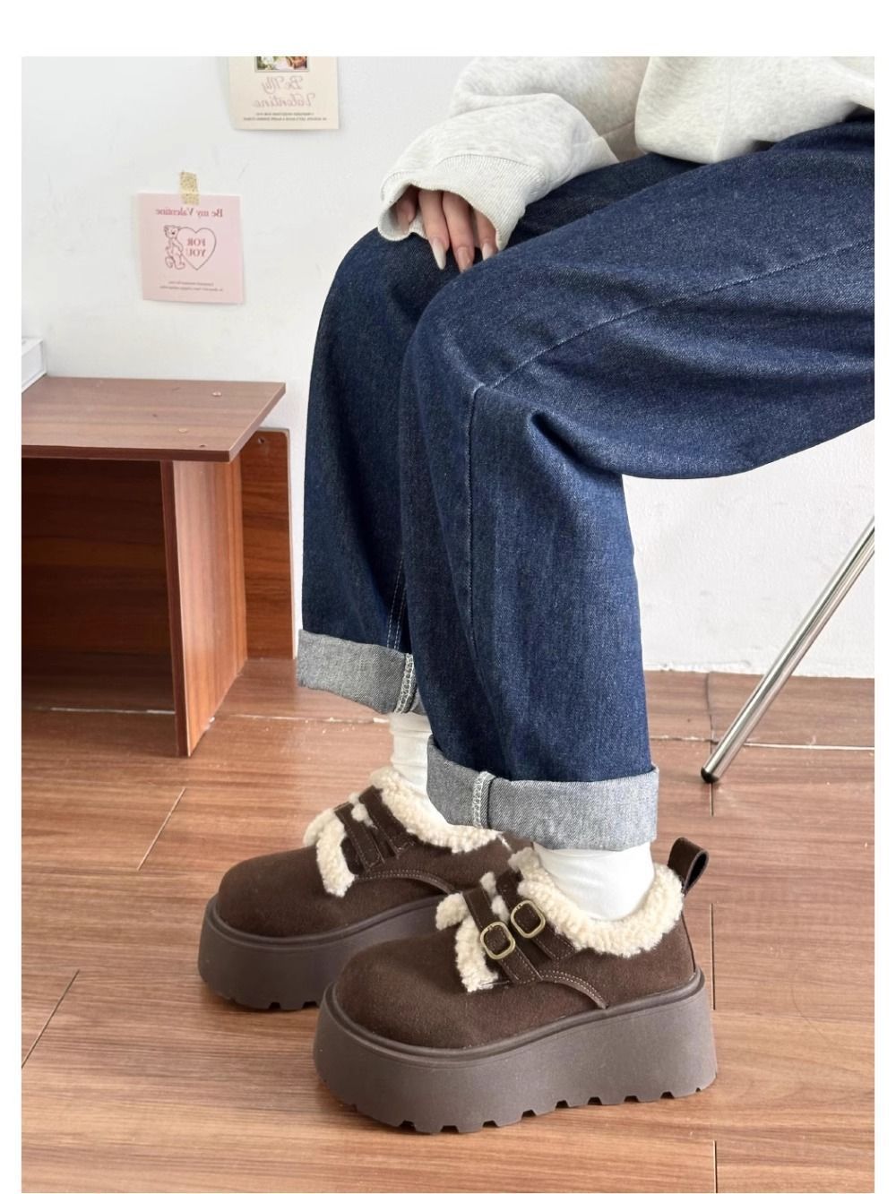レディーススリッポン 裏起毛厚底雪靴風防寒ショートブーツ