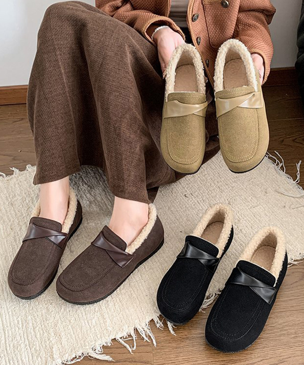 幅広ファーモカシン裏起毛レディーススリッポン