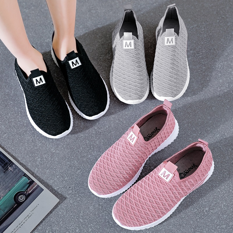 レディーススリッポン 通気性抜群ニット編み厚底スリッポン