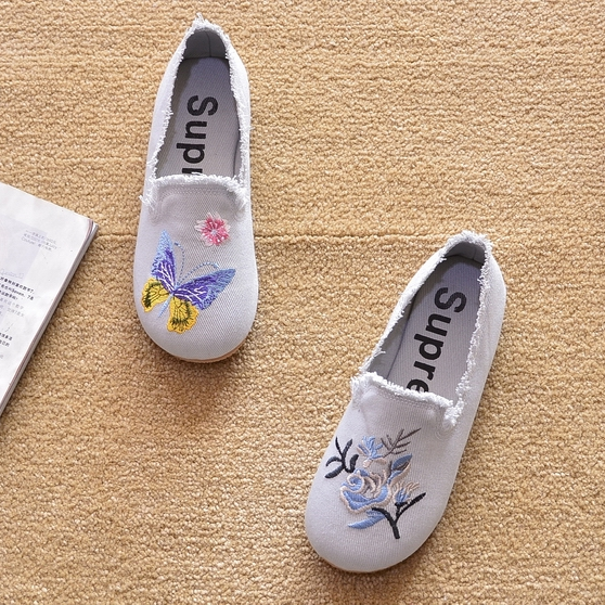 レディーススリッポン 花柄刺繍レディーススリッポン幅広快適シューズ