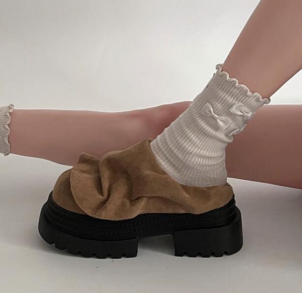 レディーススリッポン レディース厚底つっかけ靴 スエード風リボンデザインパンプス