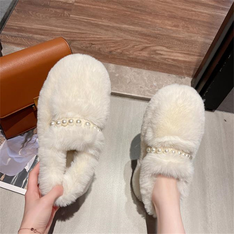 厚底ファー付きパール装飾レディーススリッポン