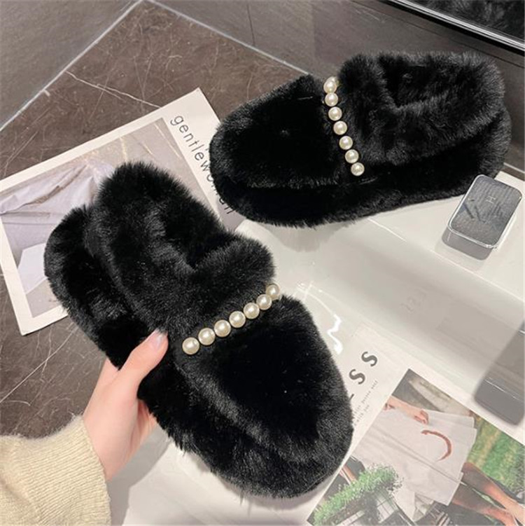 厚底ファー付きパール装飾レディーススリッポン