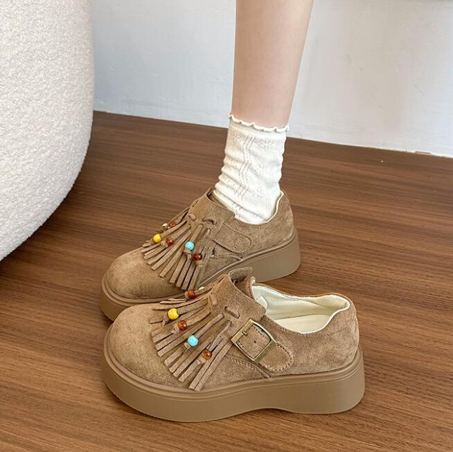 レディーススリッポン 厚底フリンジローファー レディース靴 カラービーズ付き