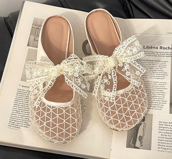 レディーススリッポン 幅広対応レースリボン付きぺたんこミュールサンダル