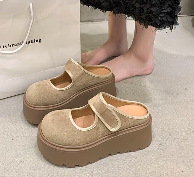 レディーススリッポン 厚底ベルクロストラップ靴 女性用つっかけサンダル