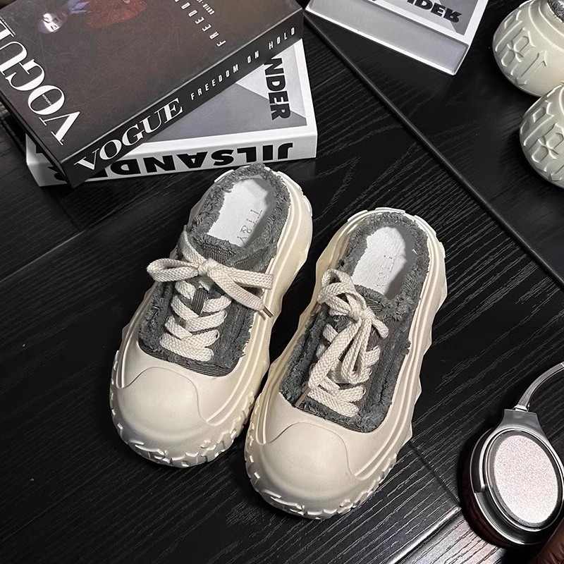 レディーススリッポン 厚底デニムサンダル レディース 編み上げミュール靴