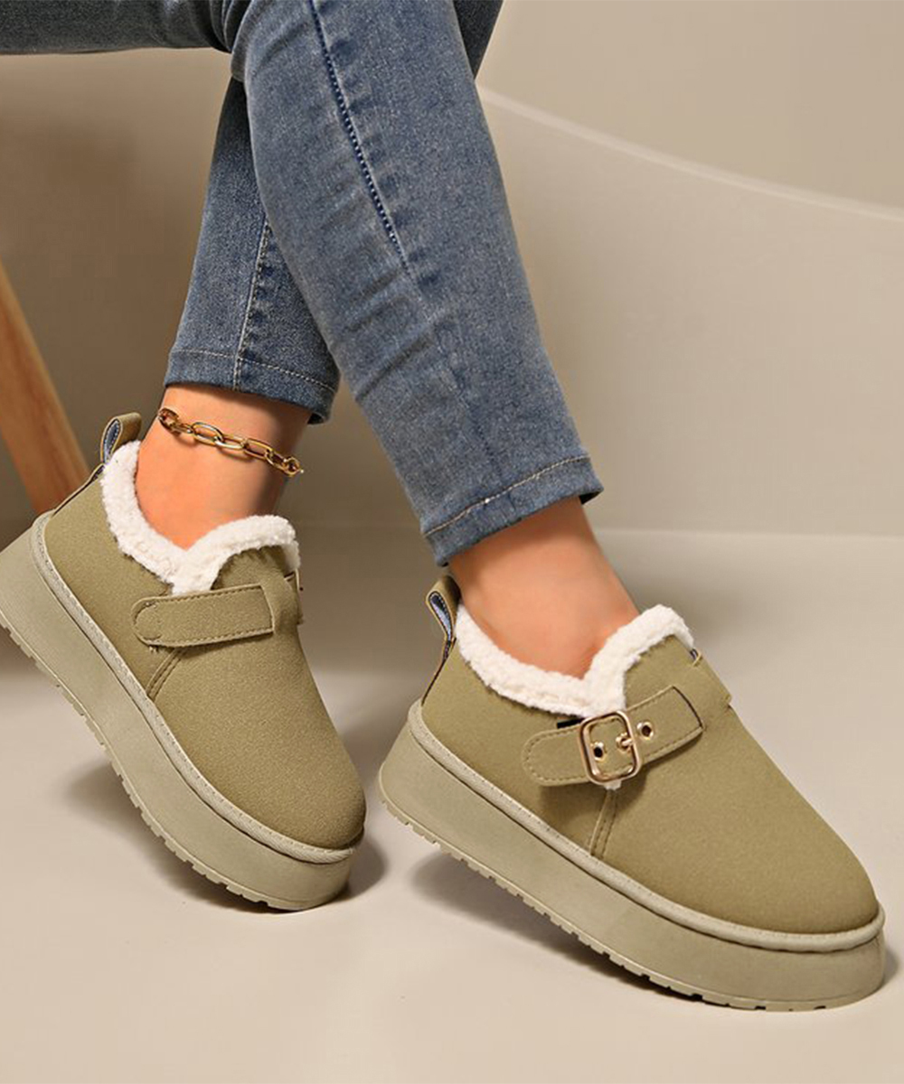 レディーススリッポン 厚底ムートンブーツ 裏起毛ベルト付きショートブーツ